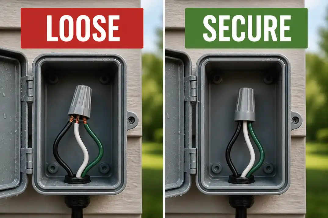 Comparison of a loose outdoor wire splice and a secure waterproof outdoor wiring connection.