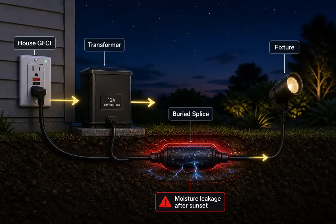 Diagram showing moisture at an outdoor light splice causing nighttime shutoff or GFCI tripping.