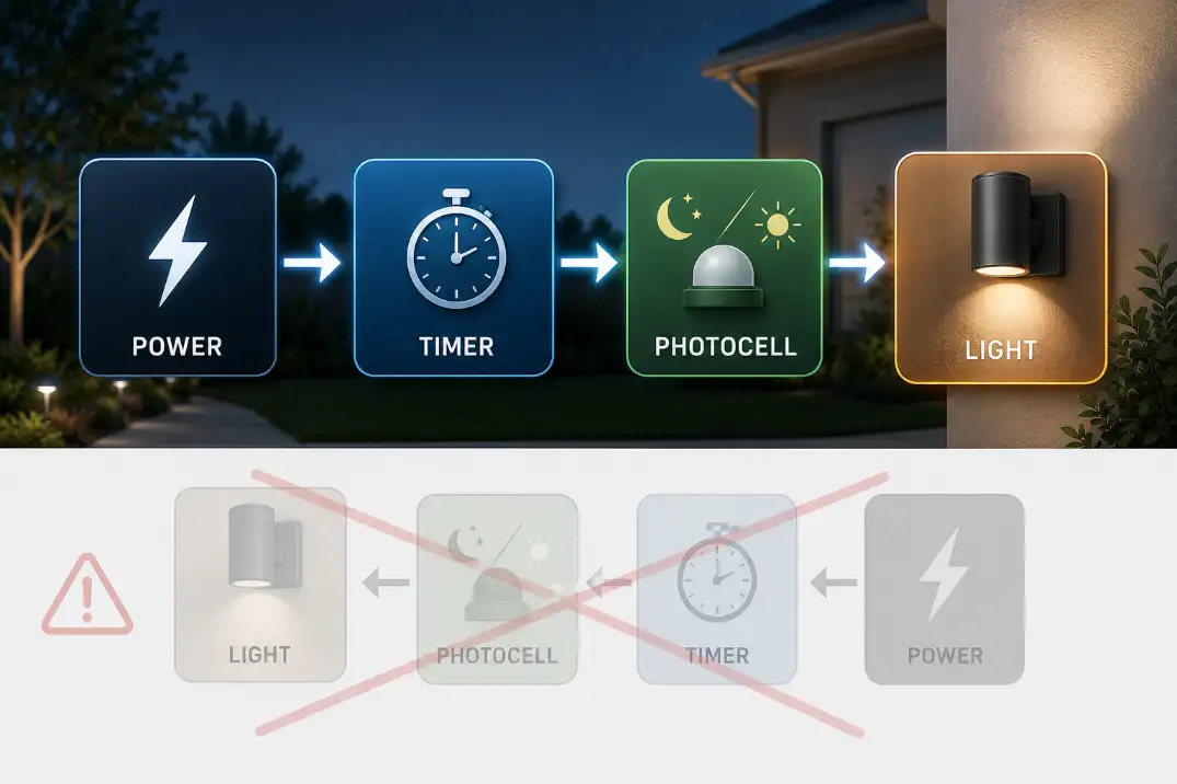Diagram showing the correct sequence from power to timer to photocell to outdoor light