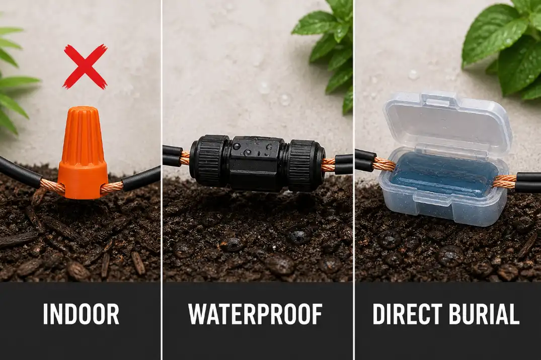 Outdoor wire connector comparison showing indoor wire nut, waterproof connector, and direct-burial gel connector.