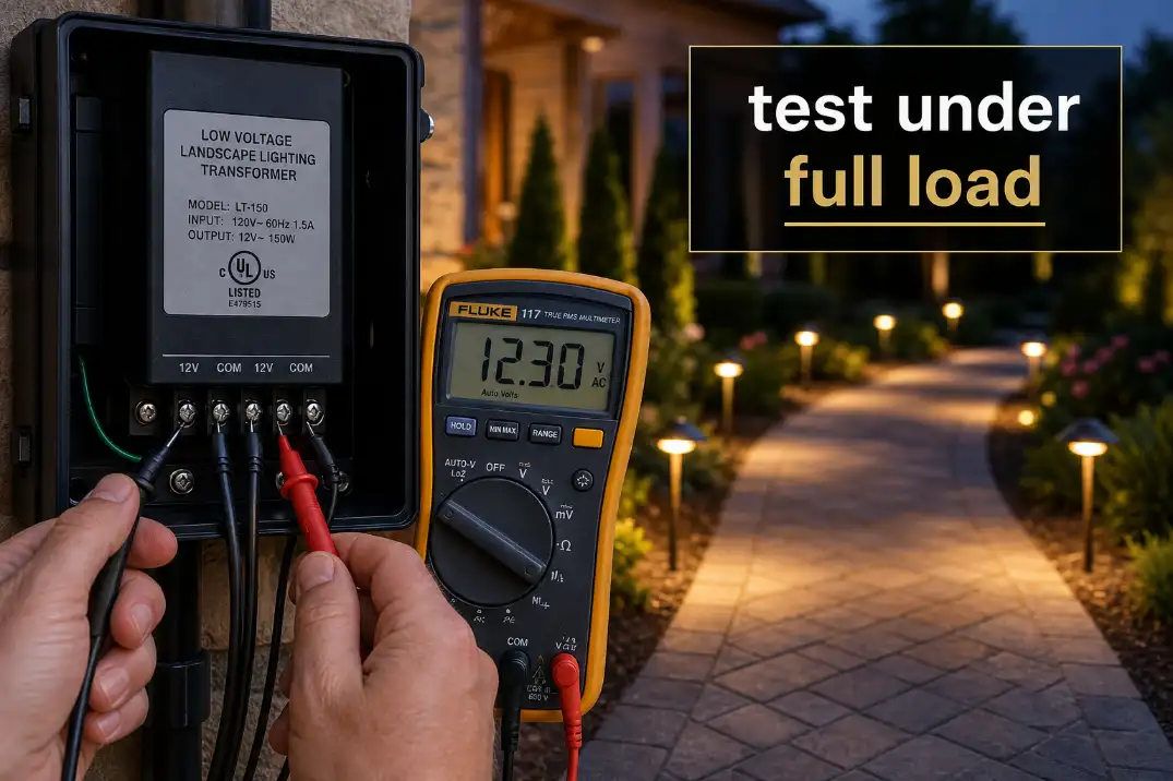 Testing a low-voltage outdoor lighting transformer with a multimeter under full night load.