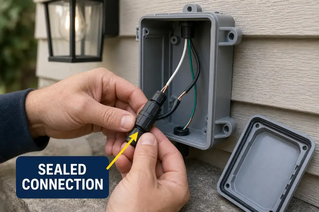 Outdoor light wiring being repaired with a sealed waterproof connector inside a weatherproof junction box.