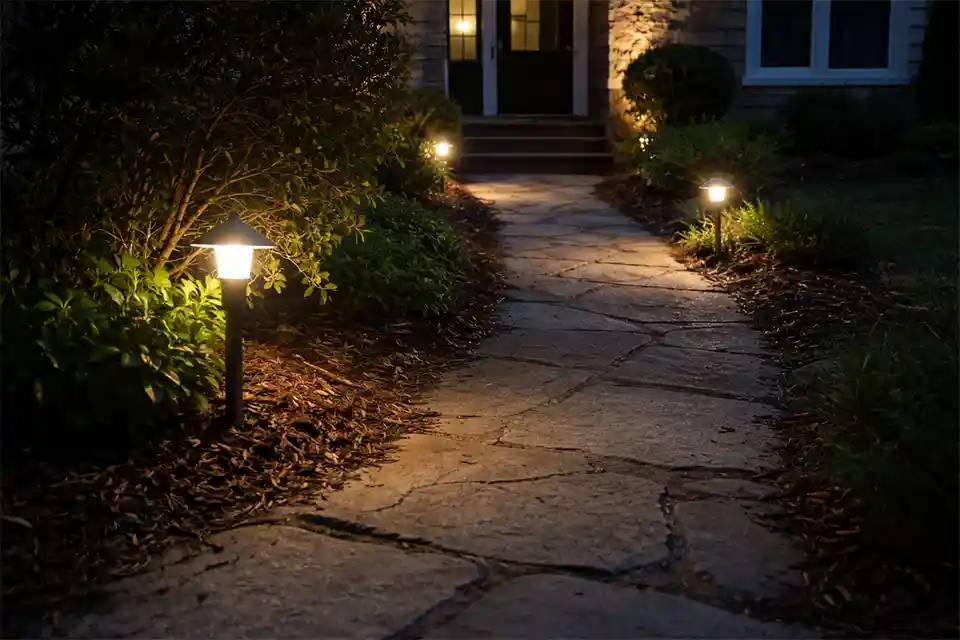 Poorly placed outdoor path lights causing glare near the viewer and dark spots along a residential walkway