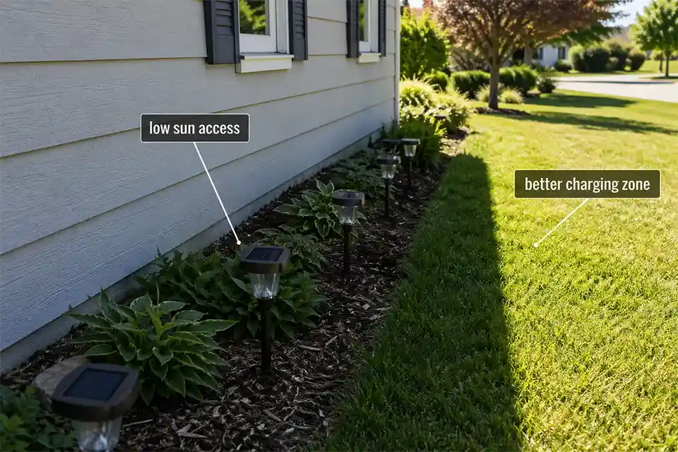 Solar garden lights fading along a shaded north-facing wall with overlay showing poor charging zone and sunnier placement area