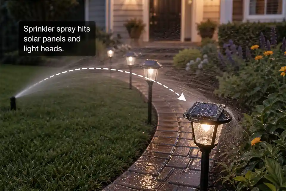 Solar path lights being sprayed directly by a lawn irrigation sprinkler with water hitting the solar panels