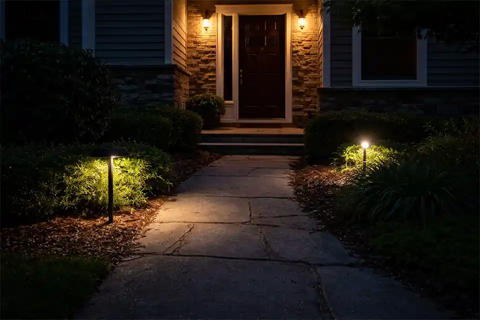 Outdoor lights turned on but failing to illuminate the intended walkway and step area at night