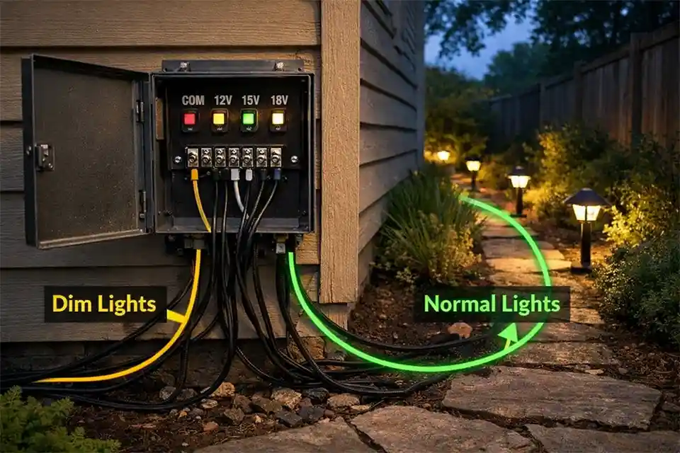 Outdoor low-voltage landscape lighting transformer with one dim branch and overlay showing the likely fault path