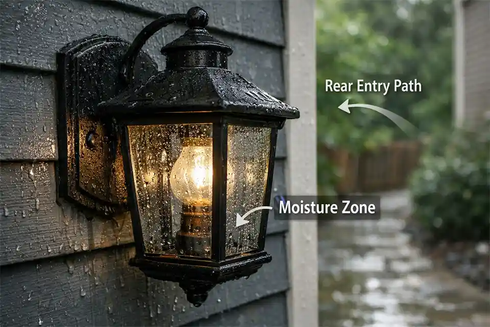 Outdoor wall light with trapped moisture, corrosion, and overlay callouts showing rain-related failure points