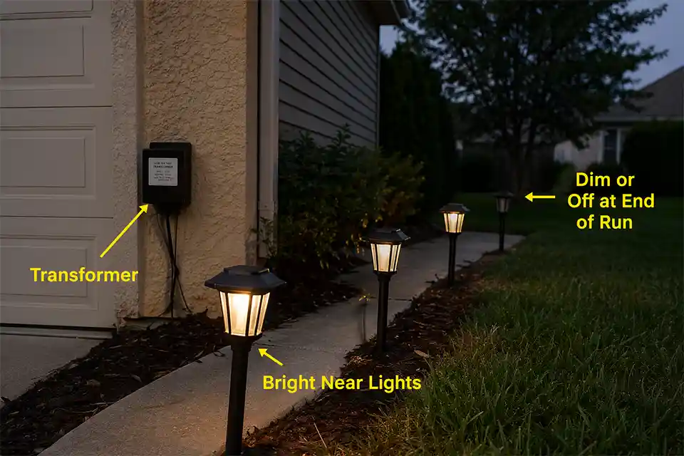 Outdoor pathway lights with inconsistent power showing bright fixtures near the transformer and dim or dark fixtures farther down the run