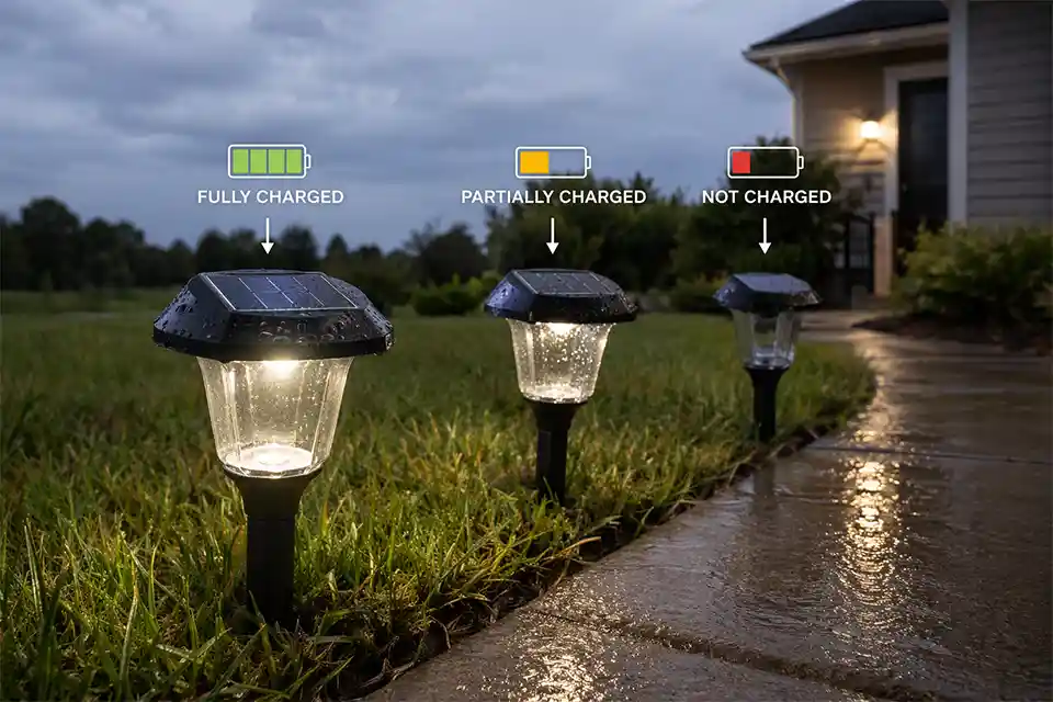 Solar pathway lights with mixed brightness after cloudy rainy weather and overlay charge levels showing uneven stored energy