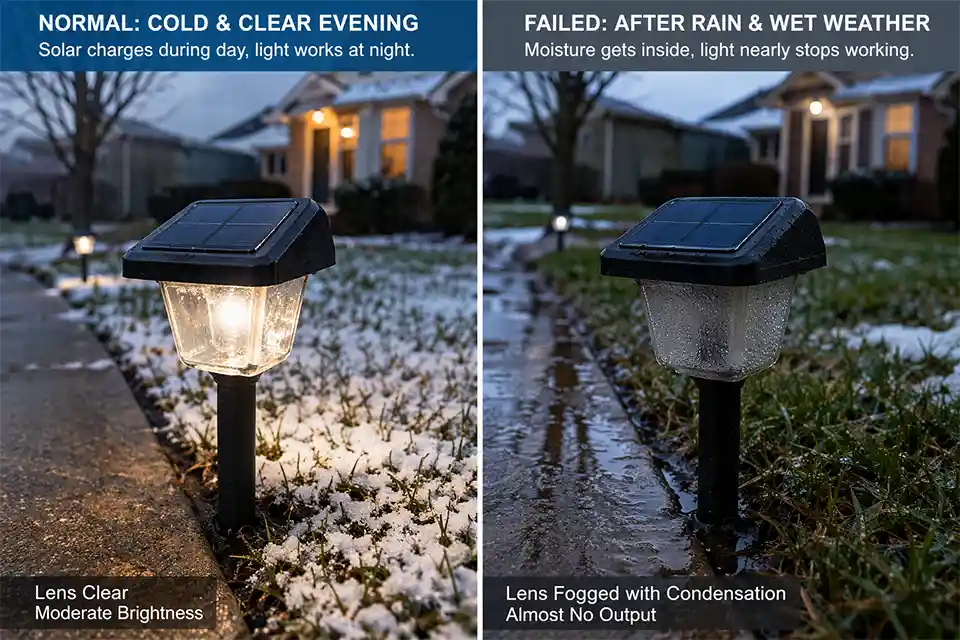 Comparison of a solar pathway light with normal winter dimming versus a failed light with condensation after wet weather