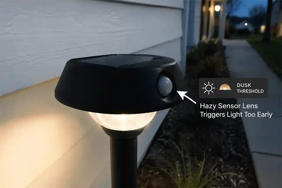 Solar pathway light with a hazy dusk sensor and reflected light from white siding causing wrong on off behavior