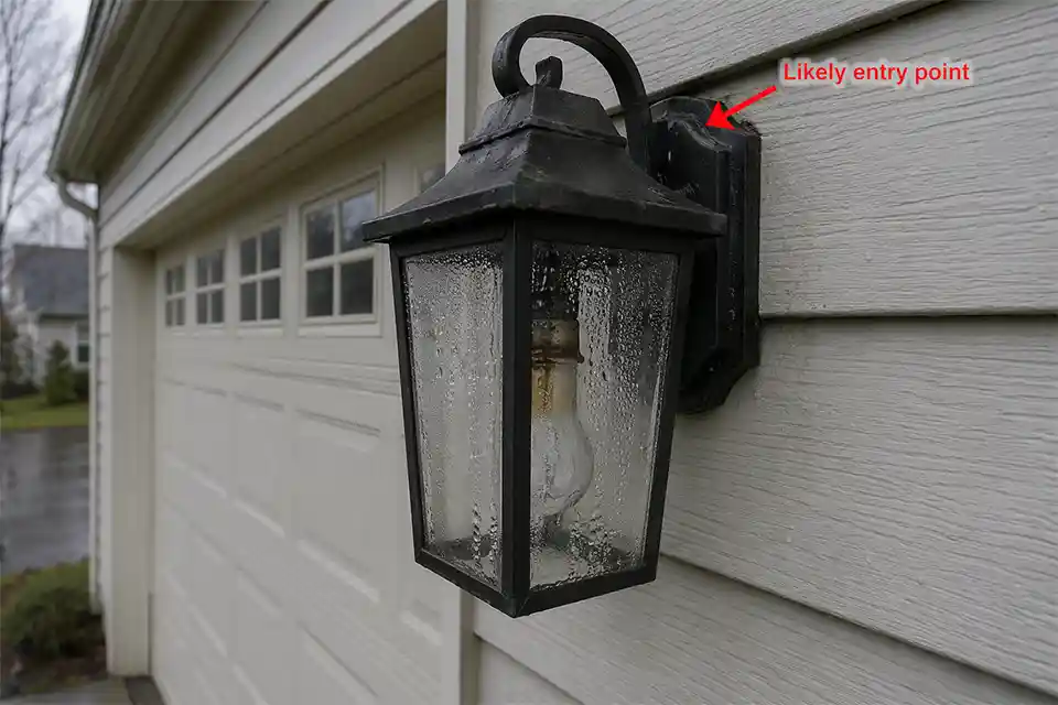 Garage entry outdoor light fixture with visible water droplets inside the glass and a highlighted top seam showing where moisture may be entering.