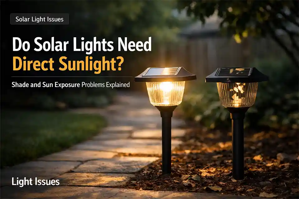 Two identical solar pathway lights with one in direct sun and one under tree shade causing weaker charging and dimmer nighttime output