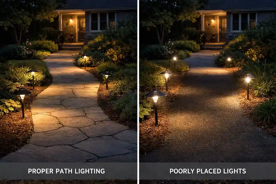 Side-by-side outdoor walkway showing properly placed path lights on one side and glare with dark spots from poor placement on the other