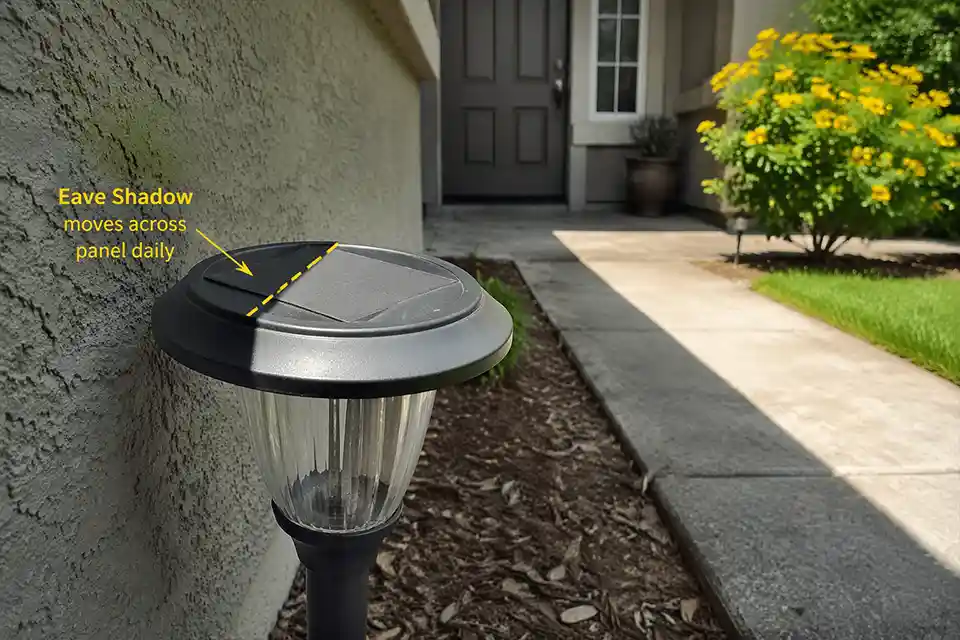 Solar path light under a roof overhang with an overlay showing the eave shade crossing the solar panel.