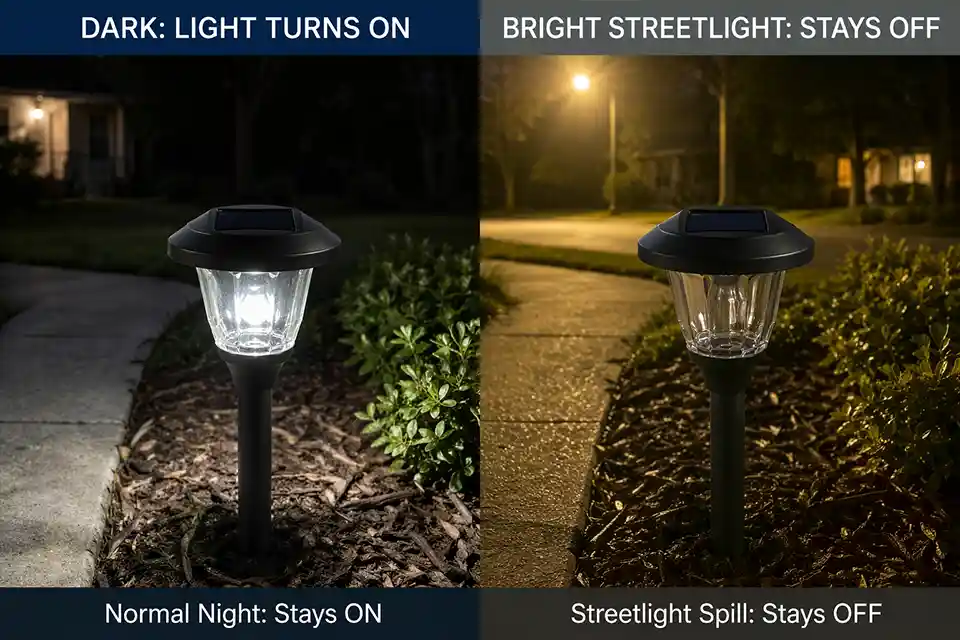 Comparison of the same solar path light turning on in darkness and staying off under bright streetlight spill