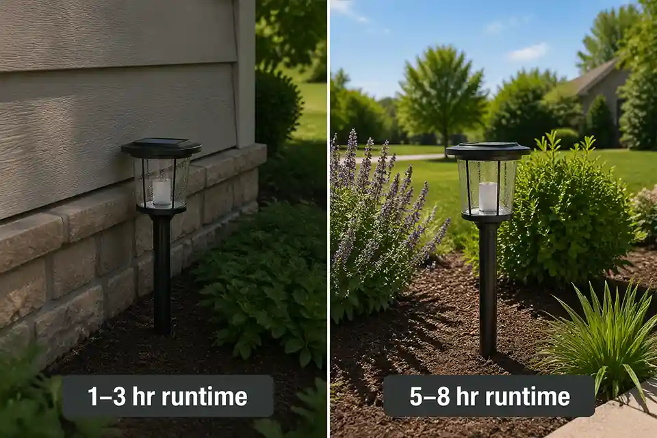Comparison of the same solar garden light near a shaded north-facing wall versus moved into a sunnier open bed with runtime labels