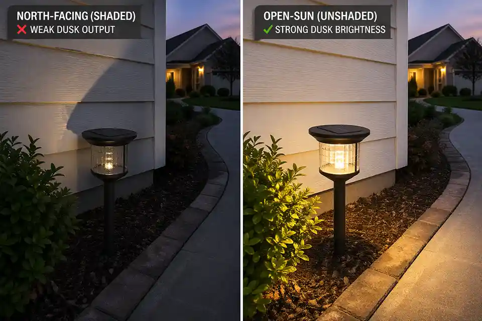 Comparison of the same solar garden light near a shaded north-facing wall and in open sun with stronger nighttime output