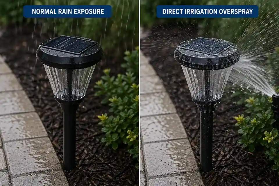 Comparison of a solar path light in normal rain versus direct side spray from a lawn sprinkler