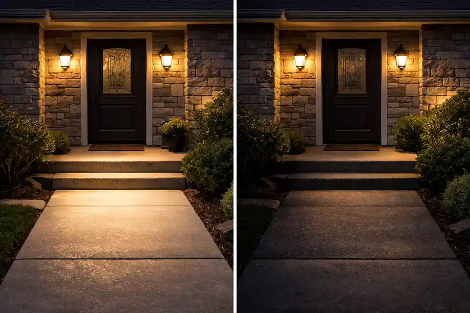 Comparison of outdoor lights correctly illuminating a walkway and step versus lights that are on but missing the intended target area