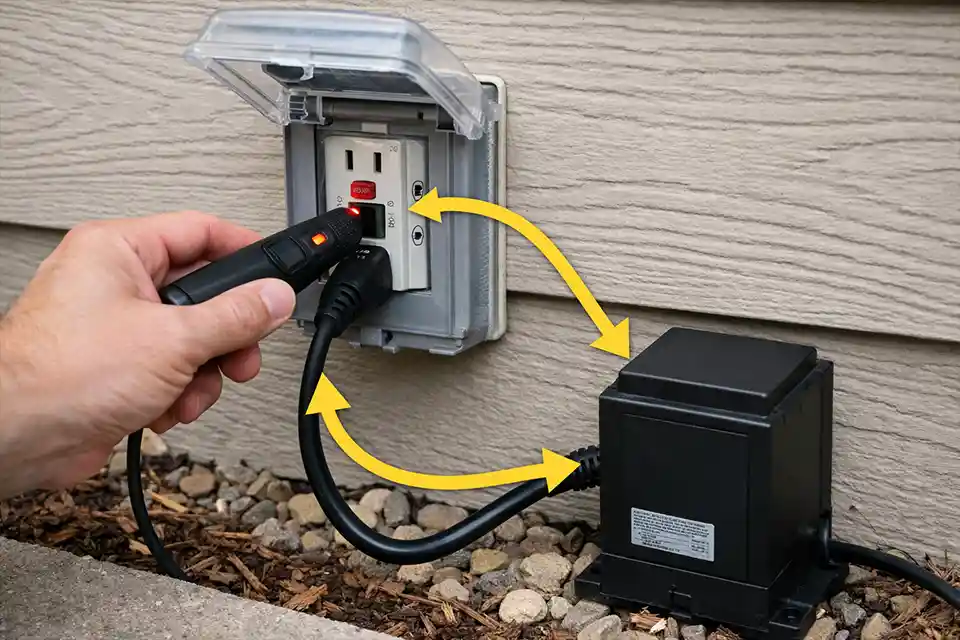 Low-voltage transformer connected to a GFCI outlet with overlay showing the input power path for diagnosis