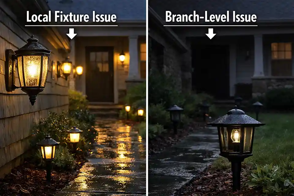 Comparison visual showing one outdoor light failing from local moisture versus multiple outdoor lights failing from a branch-level issue after rain