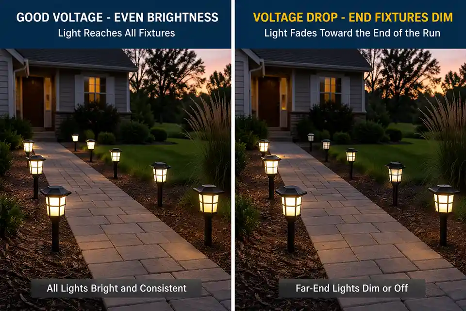Comparison of healthy outdoor pathway lights and a run with far-end fixtures dim or off from inconsistent power