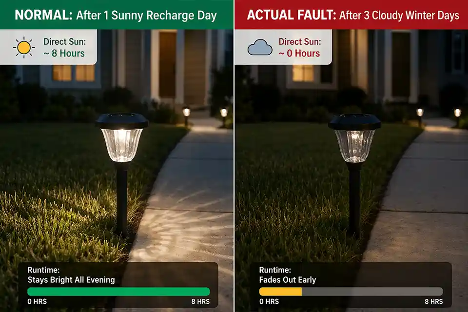 Comparison of the same solar path light showing full runtime after a sunny recharge day versus weak output after three cloudy winter days