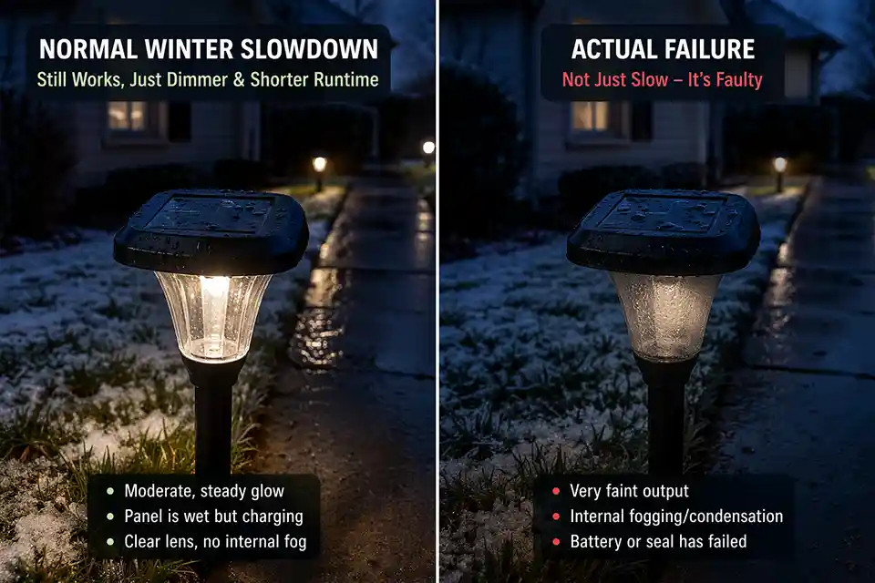 Comparison of normal winter solar light output and a failed solar light with faint glow and internal fogging