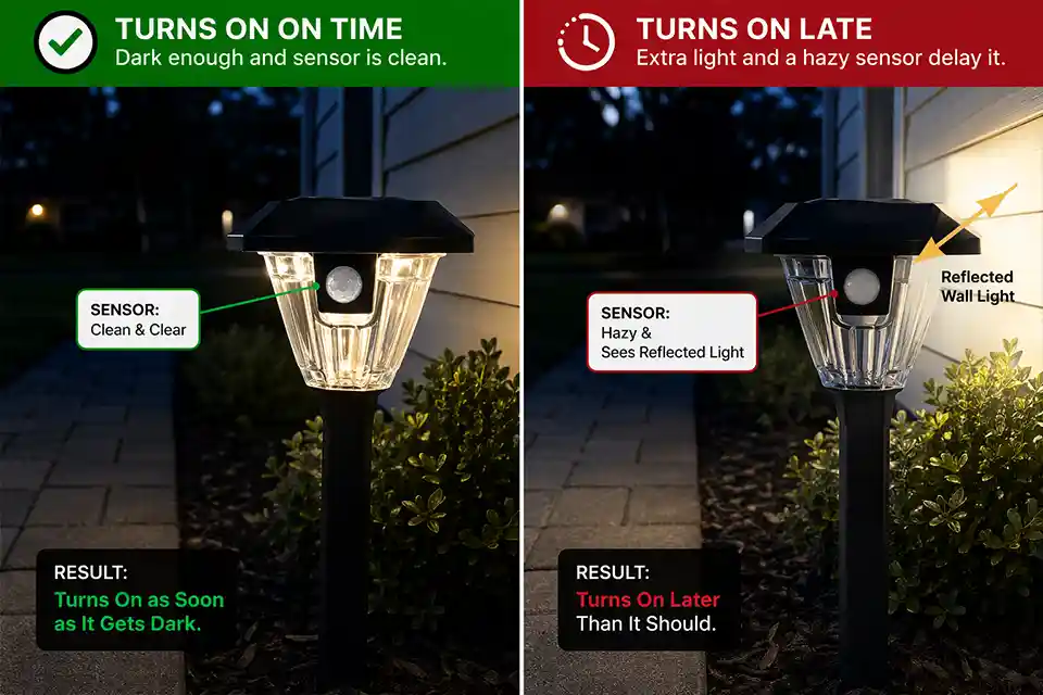 Comparison of a solar pathway light working normally versus the same light delayed by reflected light and a hazy sensor
