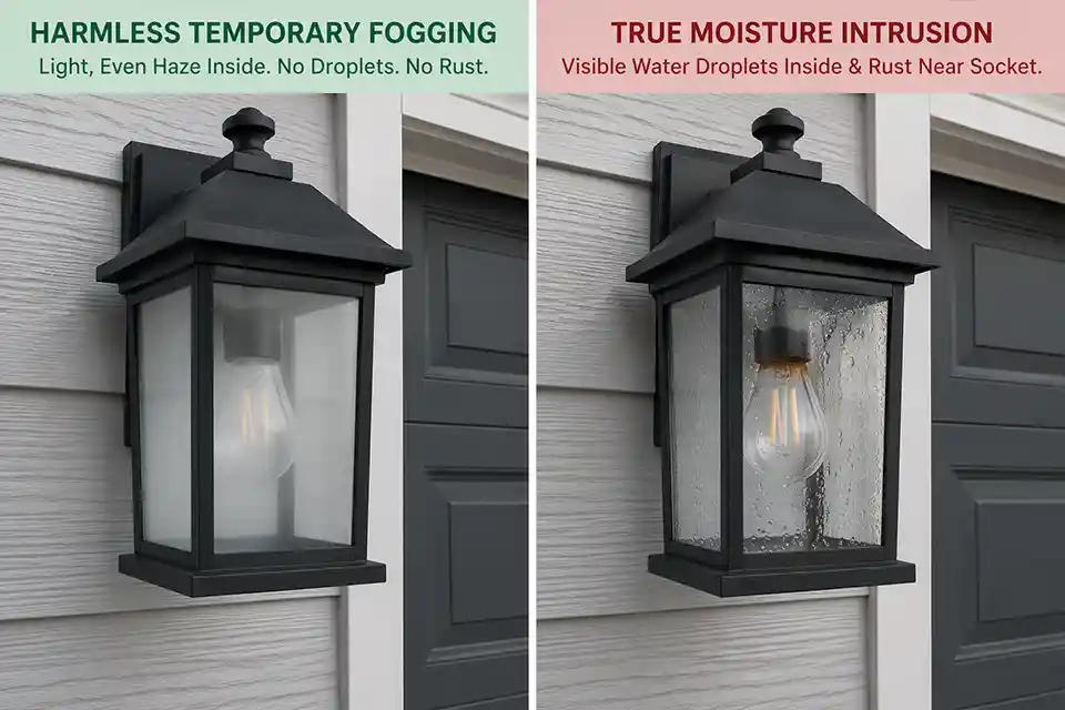 Side-by-side comparison of a garage entry light with temporary fogging versus true moisture intrusion with droplets and rust.