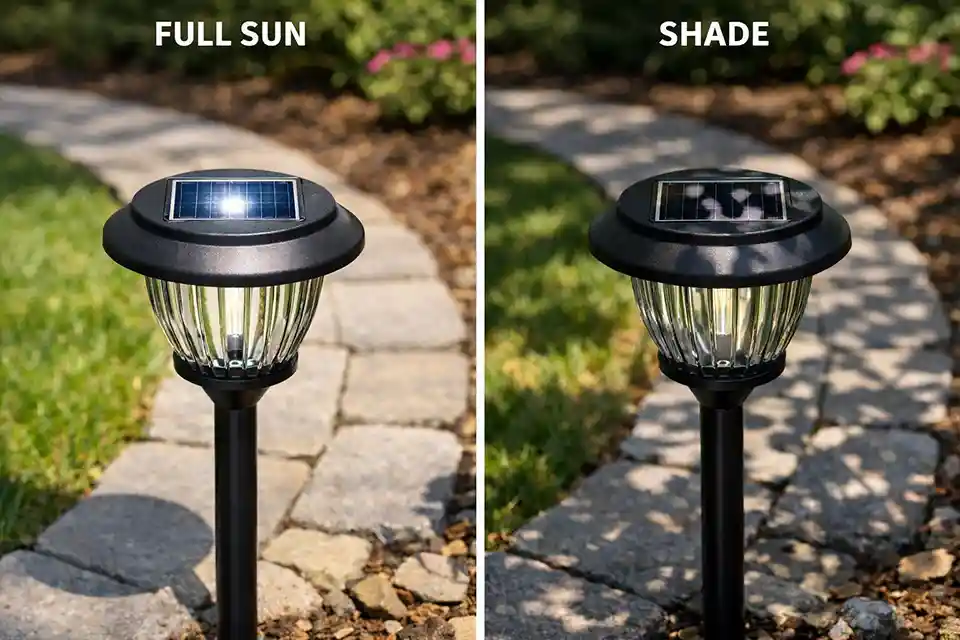 Comparison of the same solar light in direct sun and filtered shade showing the panel exposure difference that affects charging