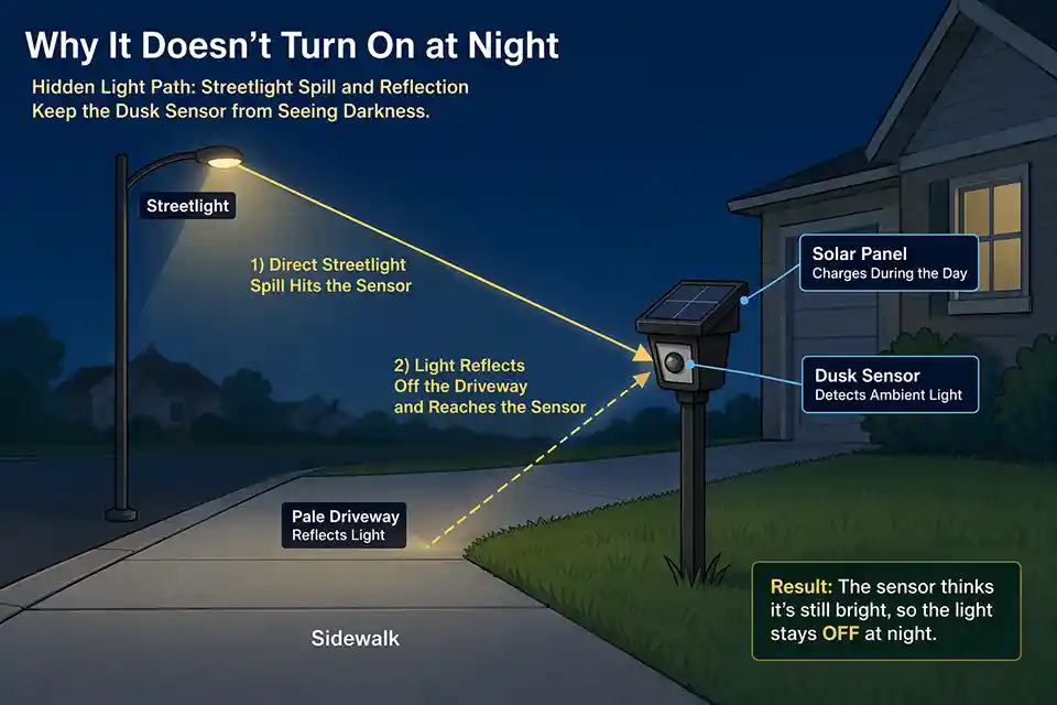 Diagram showing direct and reflected streetlight spill reaching a solar path light sensor and preventing nighttime activation