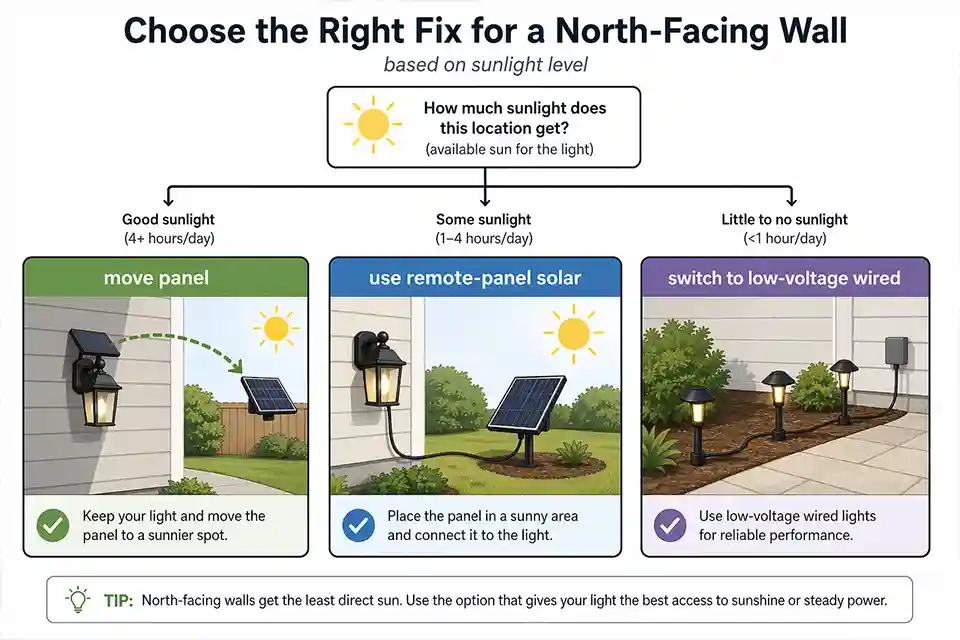 Decision diagram showing when to move a solar panel, use a remote-panel solar light, or switch to low-voltage wired lighting