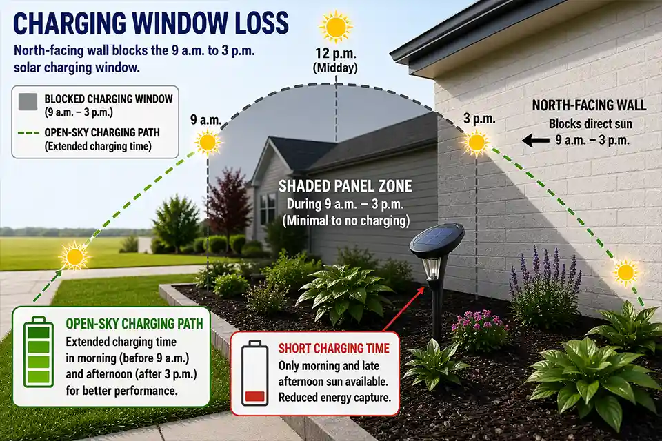 Diagram showing a north-facing wall blocking the key 9 a.m. to 3 p.m. charging window for a solar garden light