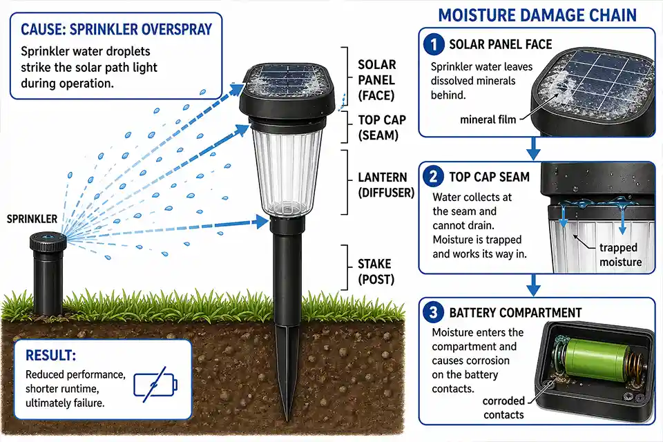 Diagram showing sprinkler overspray causing residue on a solar panel and moisture intrusion into a solar path light battery compartment