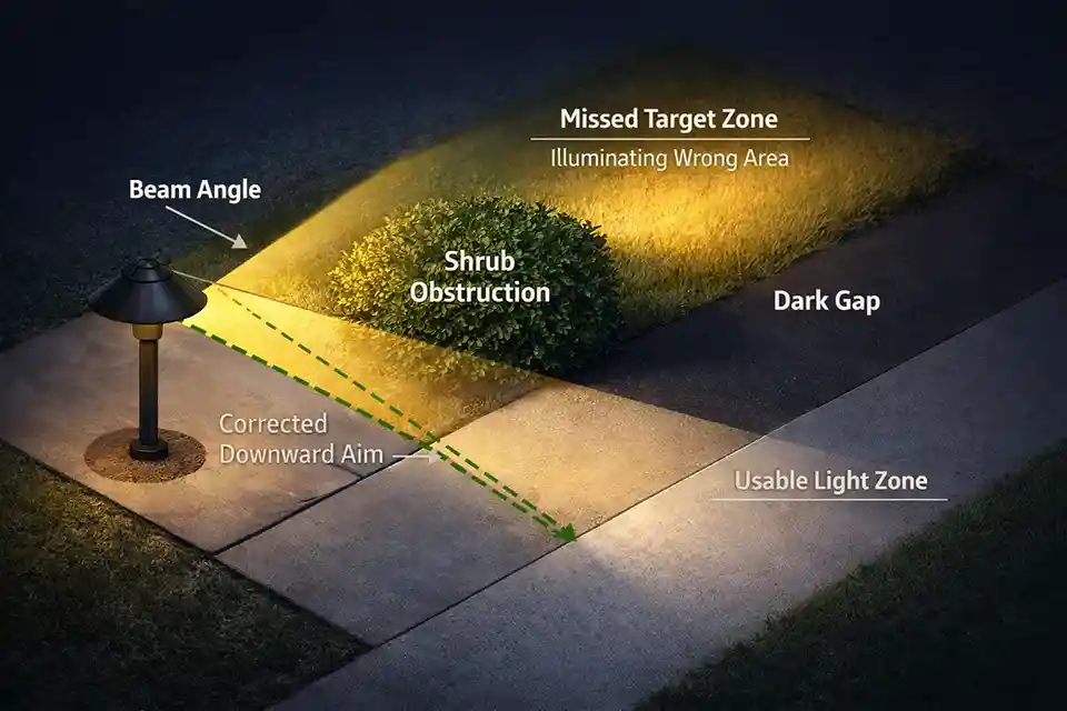 Diagram showing an outdoor light beam missing the intended walkway, with usable light zone, dark gap, obstruction, and corrected aiming path