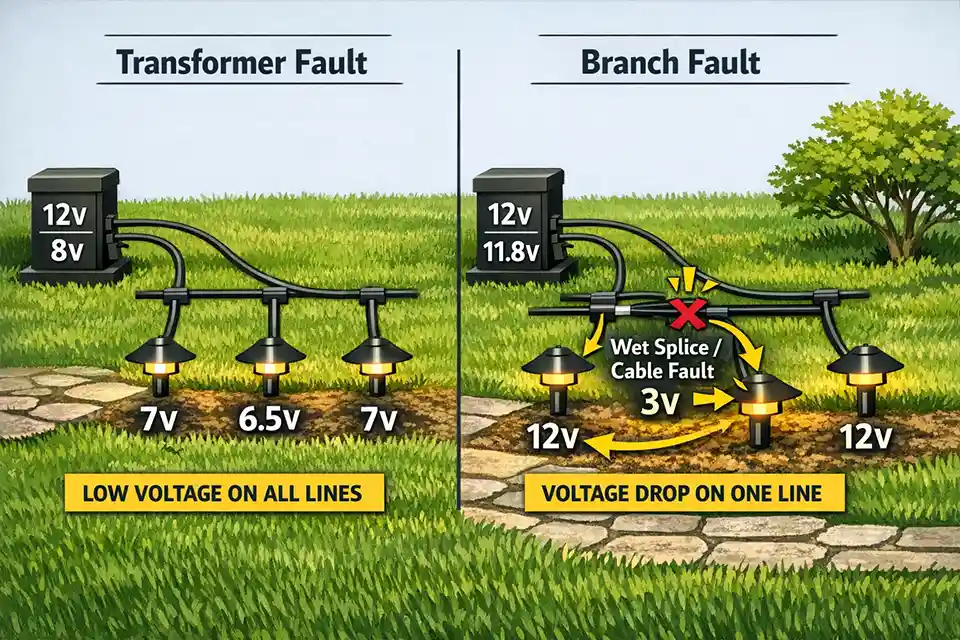 Diagram showing a low-voltage transformer with one faulty branch causing dim lights while other branches remain normal