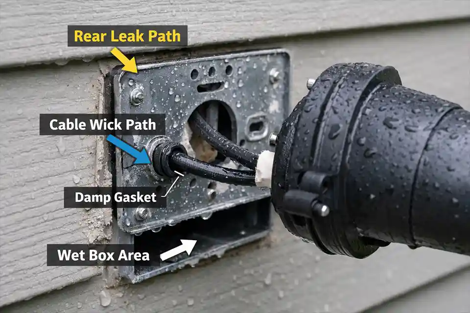 Outdoor wall light removed from the wall with overlay arrows showing rear mounting, cable entry, and junction box moisture paths
