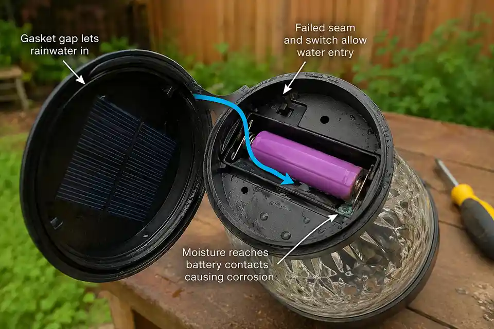 Opened solar garden light showing failed seam and water ingress path leading to corroded battery contacts