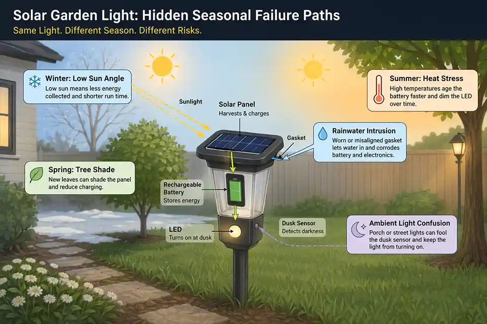 Diagram showing how seasonal shade, heat, rainwater intrusion, and ambient light affect solar light charging, battery performance, and dusk sensing