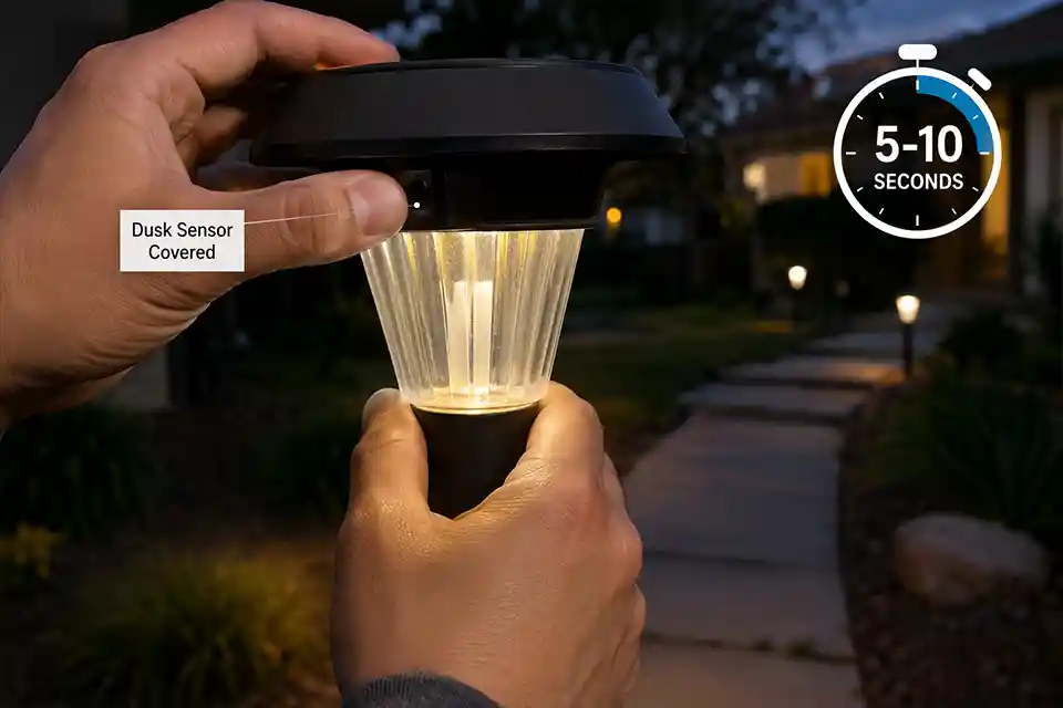 Hand covering the dusk sensor on a solar pathway light for 5 to 10 seconds to test correct activation after sunset