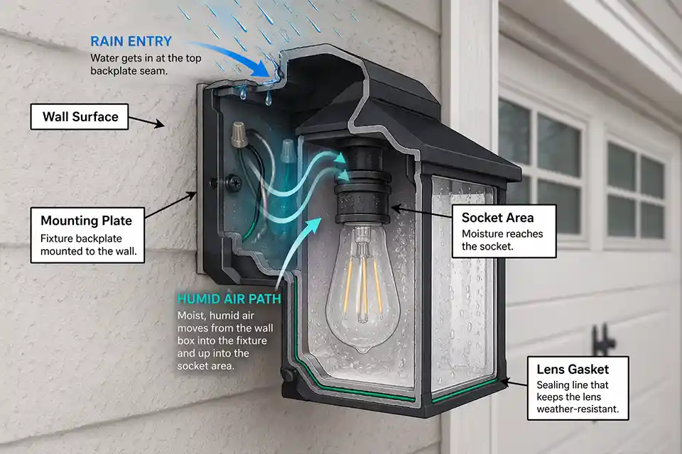 Diagram showing moisture intrusion into a garage entry light through the backplate seam, wall box, and lens gasket.