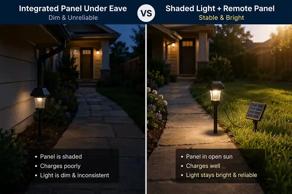 Side-by-side comparison of a dim solar path light under an overhang and a shaded path light powered by a separate solar panel placed in open sun.