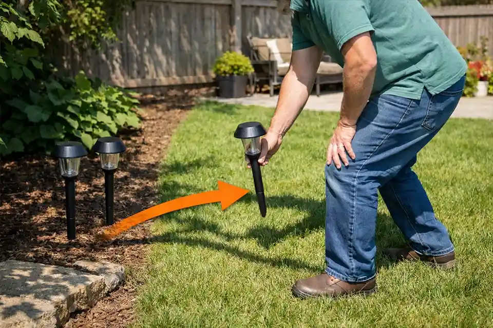 Solar pathway light being moved from a shaded flower bed to a sunny yard location to test whether poor sun exposure is causing weak charging