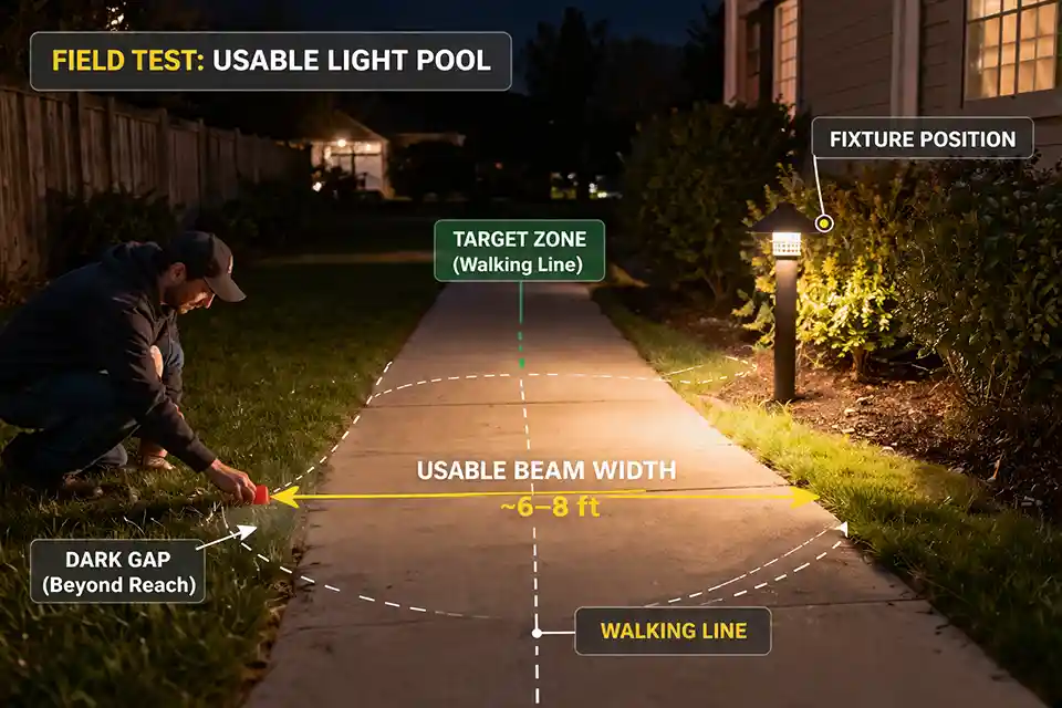 Outdoor lighting field test with overlay marking the target zone, usable beam width, and dark gap where the light misses the walkway