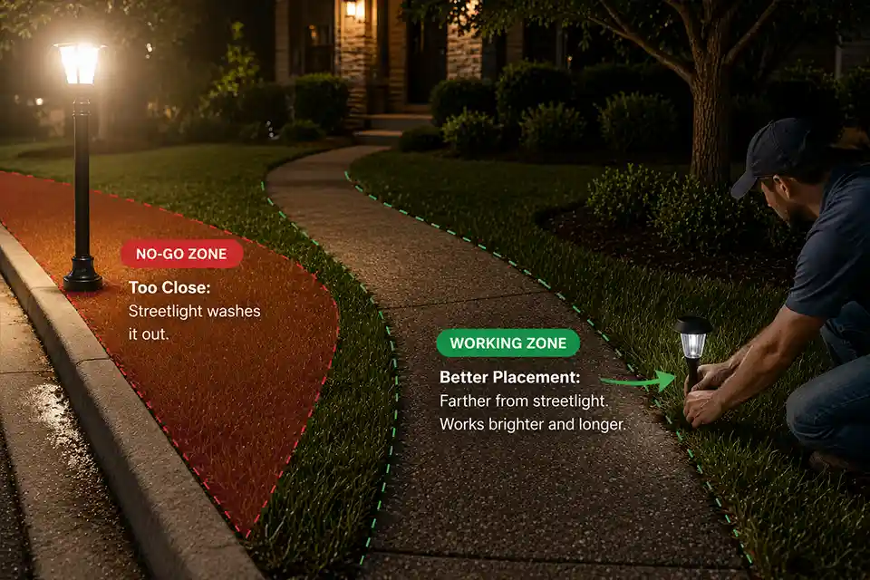 Solar path light being moved away from a streetlight with overlay showing the bright spill zone and a darker working placement area