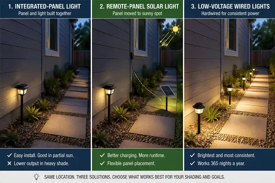 Comparison of integrated solar, remote-panel solar, and low-voltage wired lighting for a shaded north-facing wall walkway