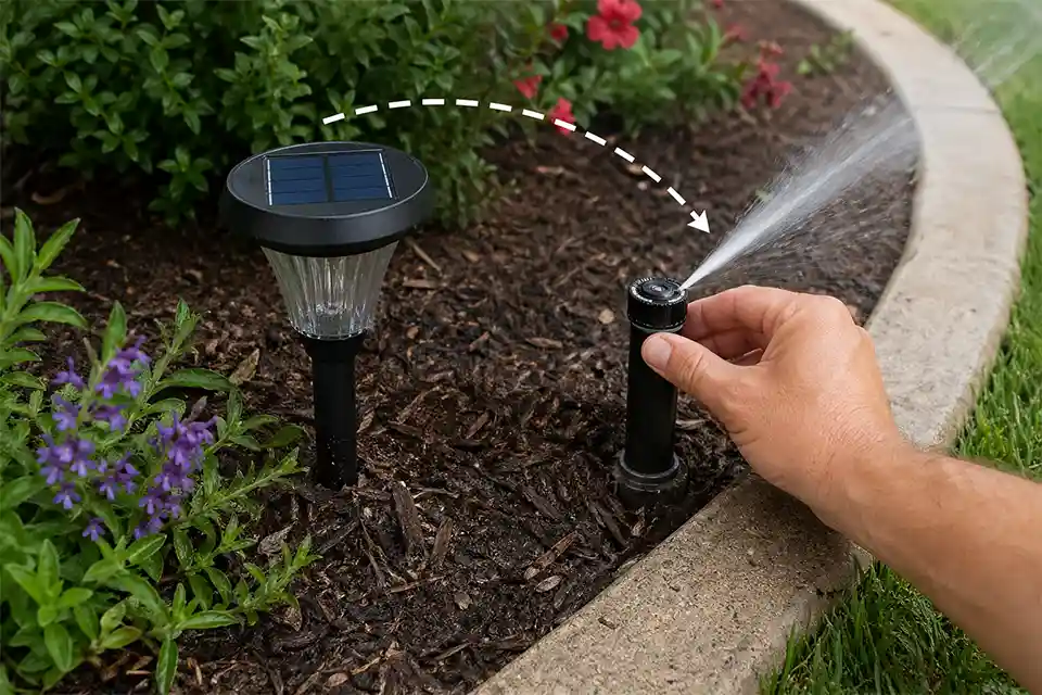 Adjusting a lawn sprinkler so irrigation spray no longer hits a solar path light